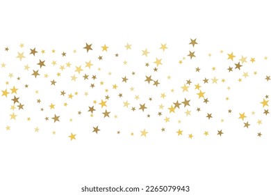 Gold star-confetti fall on a white background. Illustration of flying shiny stars. Decorative element. Luxury background for your design, cards, invitations, gift, vip. 