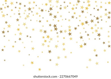 Gold star-confetti fall on a white background. Illustration of flying shiny stars. Decorative element. Luxury background for your design, cards, invitations, gift, vip. 