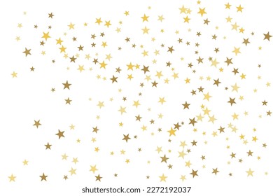 Gold star-confetti fall on a white background. Illustration of flying shiny stars. Decorative element. Luxury background for your design, cards, invitations, gift, vip. 