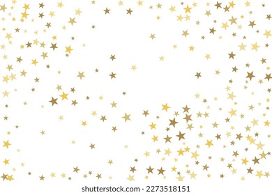 Gold star-confetti fall on a white background. Illustration of flying shiny stars. Decorative element. Luxury background for your design, cards, invitations, gift, vip. 