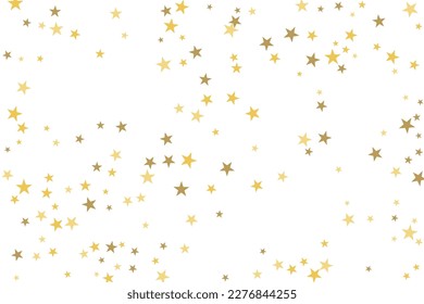 Gold star-confetti fall on a white background. Illustration of flying shiny stars. Decorative element. Luxury background for your design, cards, invitations, gift, vip. 