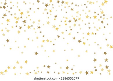 Goldstar-Konfetti fallen auf weißem Hintergrund. Illustration fliegender glänzender Sterne. Dekoratives Element. Luxuriöser Hintergrund für Ihr Design, Karten, Einladungen, Geschenk, Vip. 