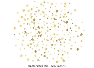 Gold star-confetti fall on a white background. Illustration of flying shiny stars. Decorative element. Luxury background for your design, cards, invitations, gift, vip. 