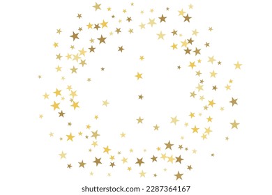 Gold star-confetti fall on a white background. Illustration of flying shiny stars. Decorative element. Luxury background for your design, cards, invitations, gift, vip. 