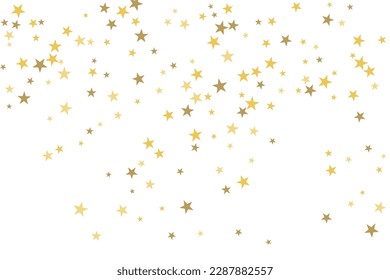 Gold star-confetti fall on a white background. Illustration of flying shiny stars. Decorative element. Luxury background for your design, cards, invitations, gift, vip. 