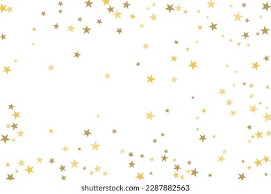 Gold star-confetti fall on a white background. Illustration of flying shiny stars. Decorative element. Luxury background for your design, cards, invitations, gift, vip. 