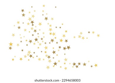 Gold star-confetti fall on a white background. Illustration of flying shiny stars. Decorative element. Luxury background for your design, cards, invitations, gift, vip. 