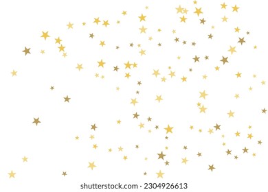 Gold star-confetti fall on a white background. Illustration of flying shiny stars. Decorative element. Luxury background for your design, cards, invitations, gift, vip. 