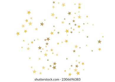 Gold star-confetti fall on a white background. Illustration of flying shiny stars. Decorative element. Luxury background for your design, cards, invitations, gift, vip. 