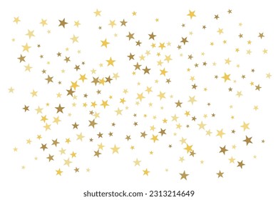 Gold star-confetti fall on a white background. Illustration of flying shiny stars. Decorative element. Luxury background for your design, cards, invitations, gift, vip. 