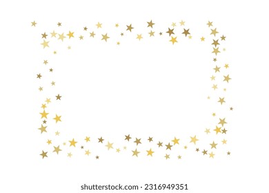 Gold star-confetti fall on a white background. Illustration of flying shiny stars. Decorative element. Luxury background for your design, cards, invitations, gift, vip. 