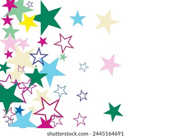 Gold star-confetti fall on a white background. Illustration of flying shiny stars. Starry festive decor.
