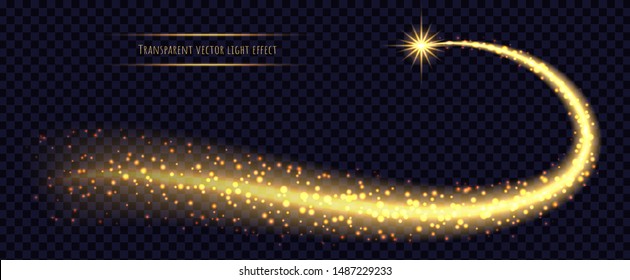 Gold stardust light trail with shining star isolated on transparent background. Comet with glowing magic particles. Shiny Christmas confetti or luxury vector decoration.