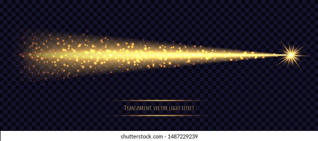 Gold stardust light trail with shining star isolated on transparent background. Comet with glowing magic particles. Shiny Christmas confetti or luxury vector decoration.