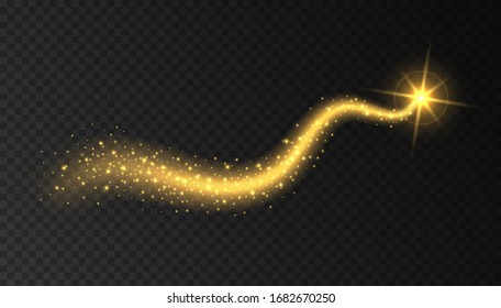 Gold stardust light trail with shining star isolated on transparent background. Comet with glowing magic particles. Shiny Christmas confetti or luxury vector decoration.