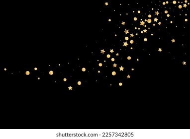 Gold Starfall Happy Vector Black Background. Holiday Rain Pattern. Golden Circle Bright Invitation. Sequin Shiny Card.