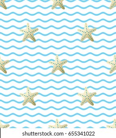 Gold starfish background. Wave seamless pattern. Vector illustration.