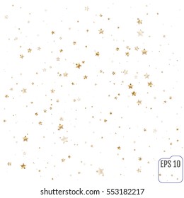Gold  Starry Background. Starlight Night. Golden Starlit Card. Gold Star Confetti Fall Chaotic Decor. Modern Creative Patternwith gold star Confetti. Star Falling Print. 