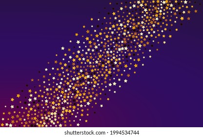 Gold Starry Vector Purple Background. Yellow Elegant Confetti Template. Glitter Magic Border.  Gilded Galaxy Glow Design.