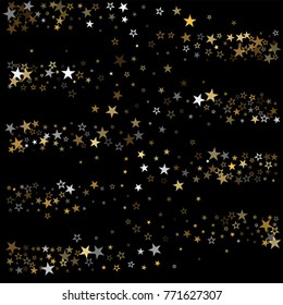 gold stars background confetti falling, christmas holidays vector. magic shining Flying stars on night sky glitter cosmic backdrop, sparkle border. 