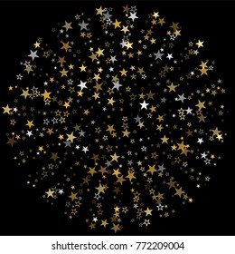 gold stars background confetti falling, christmas holidays vector. magic shining Flying stars on night sky glitter cosmic backdrop, sparkle border. 