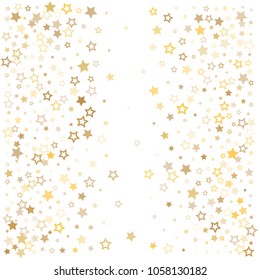 gold stars background frame vector. golden christmas lights confetti falling. magic shining Flying stars glitter cosmic backdrop, premium sparkles stardust vector border on white. 