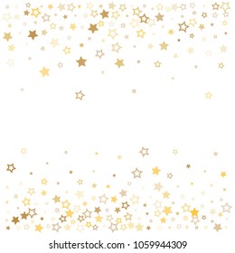 gold stars background frame vector. golden christmas lights confetti falling. magic shining Flying stars glitter cosmic backdrop, premium sparkles stardust vector border on white. 