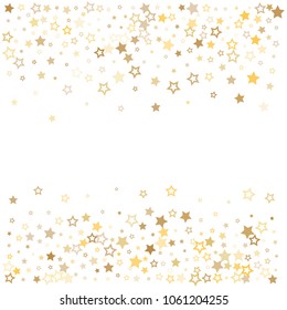 gold stars background frame vector. golden christmas lights confetti falling. magic shining Flying stars glitter cosmic backdrop, premium sparkles stardust vector border on white. 