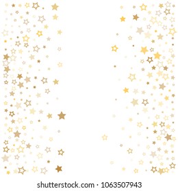 gold stars background frame vector. golden christmas lights confetti falling. magic shining Flying stars glitter cosmic backdrop, premium sparkles stardust vector border on white. 