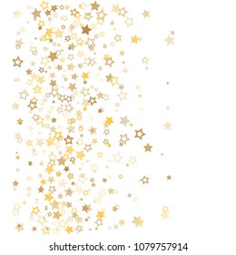 gold stars background frame vector. golden christmas lights confetti falling. magic shining Flying stars glitter cosmic backdrop, premium sparkles stardust vector border on white. 