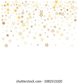 gold stars background frame vector. golden christmas lights confetti falling. magic shining Flying stars glitter cosmic backdrop, premium sparkles stardust vector border on white. 