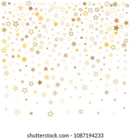 gold stars background frame vector. golden christmas lights confetti falling. magic shining Flying stars glitter cosmic backdrop, premium sparkles stardust vector border on white. 