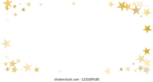 gold stars background as golden sparkles confetti falling. Christmas Flying glitter backdrop, vector corners