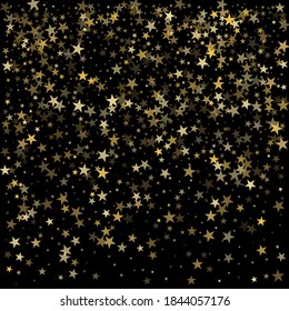 Gold stars background, sparkling christmas  confetti falling on black. magic shining flying stars glitter backdrop, sparkle vector border.