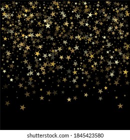 Gold stars background, sparkling christmas  confetti falling on black. magic shining flying stars glitter backdrop, sparkle vector border.