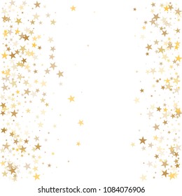 gold stars background, sparkling golden christmas lights confetti falling frame. magic shining Flying stars glitter cosmic backdrop, sparkle vector border.