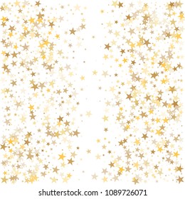 gold stars background, sparkling golden christmas lights confetti falling frame. magic shining Flying stars glitter cosmic backdrop, sparkle vector border.