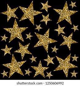 Gold stars. Black background. Vector illustration. The texture of glitter
