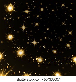 Gold stars black night sky background. Abstract light glitter. Fantasy sparkles. Shine christmas texture, magic glow. Golden bright for holiday card design. Vector illustration