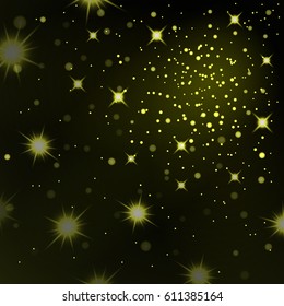 Gold stars black night sky background. Abstract bokeh glowing space design. Starry milky way. Galaxy golden starlight shine sparkle. Golden shiny fantasy glow in dark Vector illustration