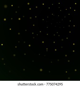 Gold stars black night sky background. Abstract bokeh glowing space design. Starry milky way. Galaxy golden starlight shine sparkle. Golden shiny fantasy glow in dark Vector illustration