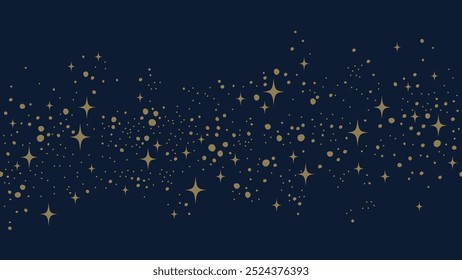 Gold stars and dots seamless border on dark blue background. Starry night design for banner, poster, wallpaper, greeting card, and invitation.