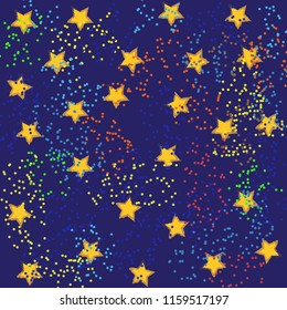 Gold stars and bright lights on a black and blue background for celebrations, vector illustration.