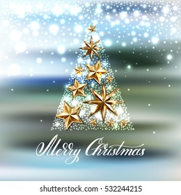 gold stars christmas tree with hand lettering inscription merry christmas to winter holidays greeting card, poster, banner, vector illustration eps10