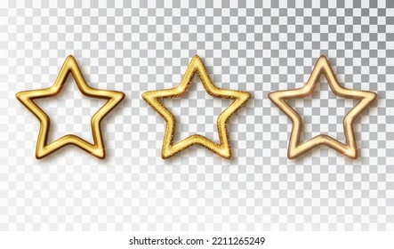 Gold stars collection isolated on white background. Realistic golden star, with sparkles and transparent glass