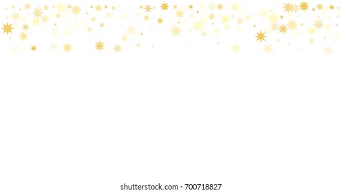 gold stars confetti border or frame on on white background. magic shining sparkles. Vector Decorative design element for horizontal card or banner celebration holidays with golden glowing stars