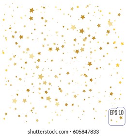 Estrellas de oro. Celebración de Confetti, Decoración abstracta de oro para fiesta, celebración de cumpleaños, aniversario o evento, festivo. La decoración de las fiestas. Ilustración del vector