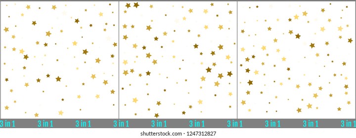 Gold stars confetti celebration. Golden foil simple design. Set of star confetti backgrounds. Starry vector illustrations. 3 in 1