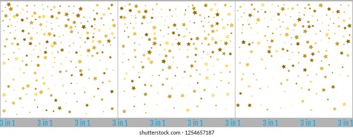 Gold stars confetti celebration. Golden foil simple design. Set of star confetti backgrounds. Starry vector illustrations. 3 in 1