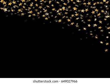 Gold stars confetti celebration isolated on black background. Falling golden stars abstract pattern decoration. Glitter confetti Christmas card, New Year celebration. Shiny Vector illustration
